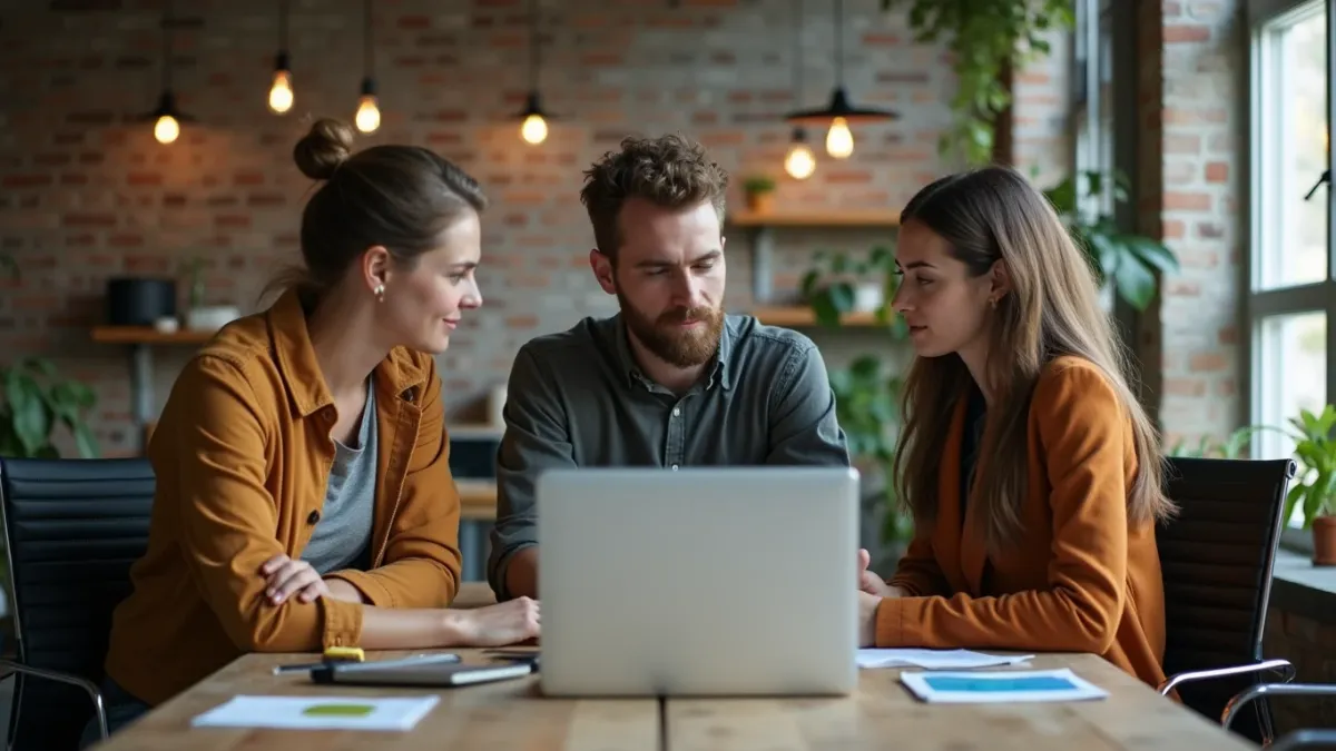Team bespricht die Einführung eines neuen KI-Agenten am Laptop