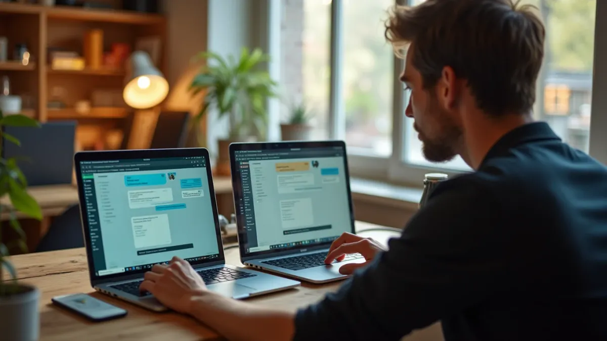 Person vergleicht zwei unterschiedliche Chat-Oberflächen auf zwei Laptops