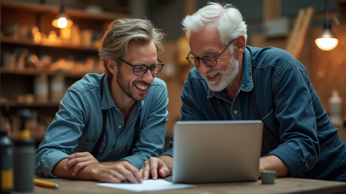 Zwei Generationen eines Handwerksbetriebs schauen gemeinsam lachend auf ein Laptop-Display in der Werkstatt.