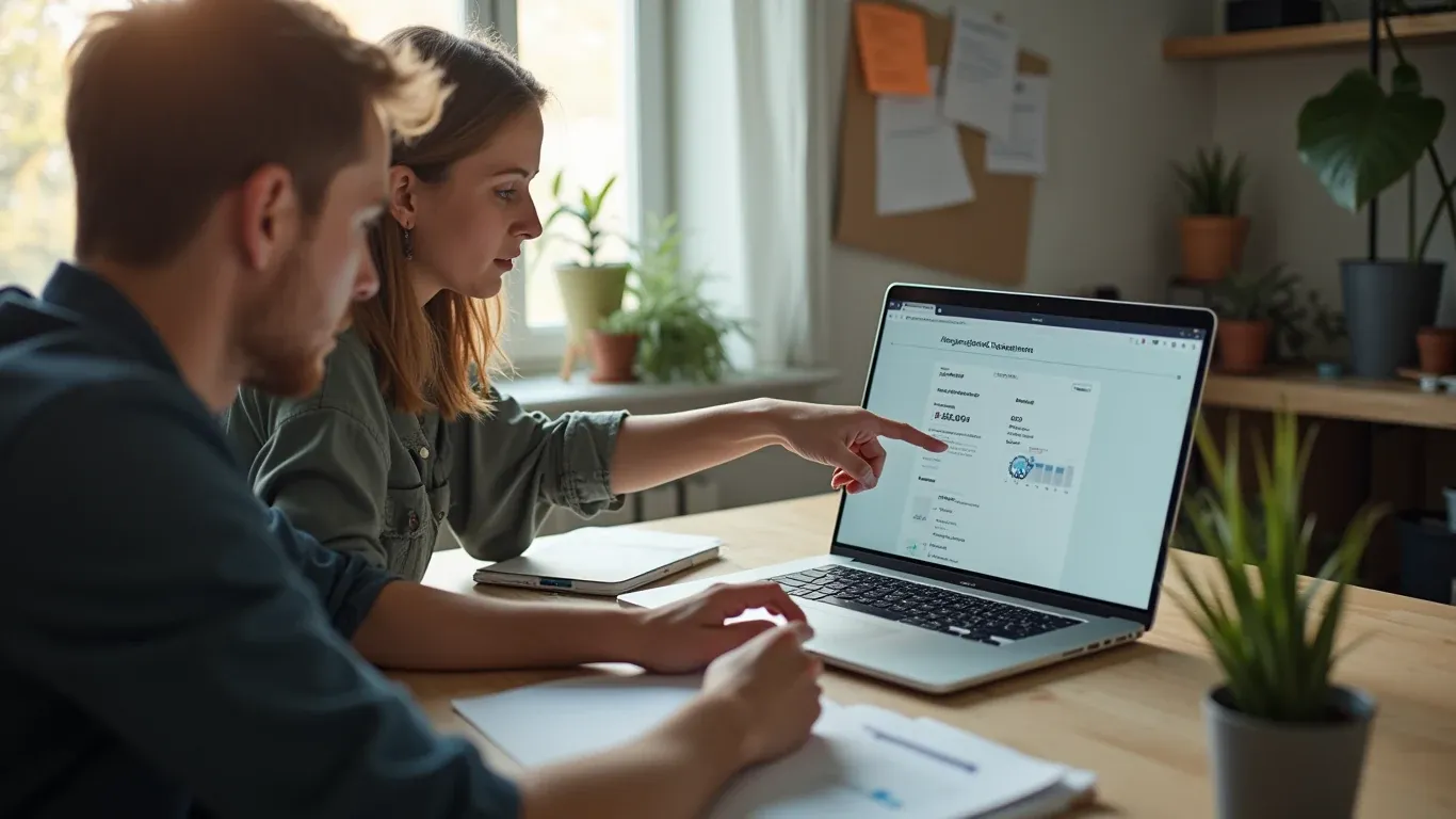 Team bespricht gemeinsam den Entwurf für ein individuelles Web-Tool am Laptop