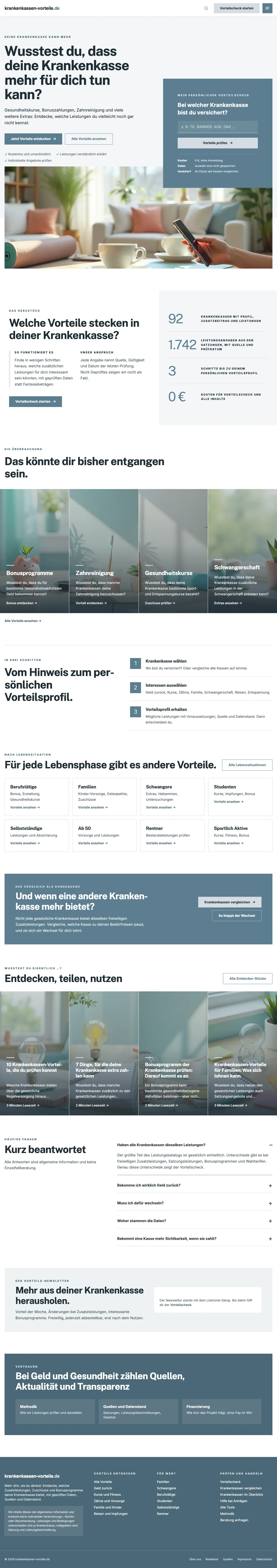 Scrollbare Vollseitenansicht der Startseite von KRANKENKASSEN-VORTEILE