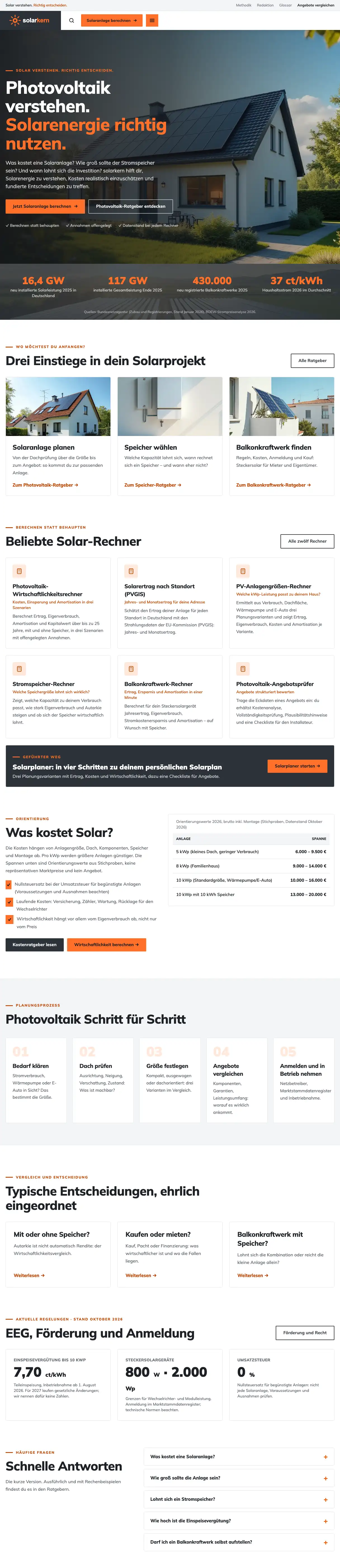Scrollbare Vollseitenansicht der Startseite von SOLARKERN