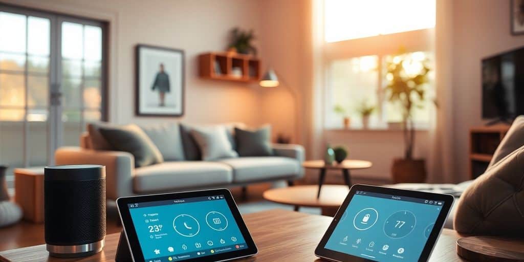Modernes Wohnzimmer mit Smart-Home-Geräten