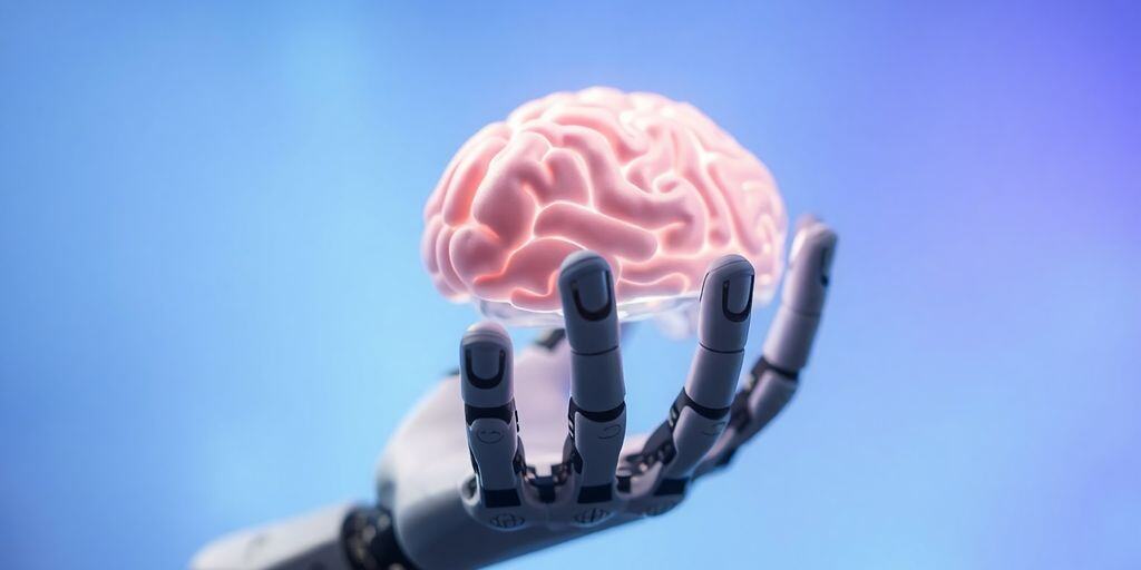 Roboterhand hält leuchtendes Gehirn